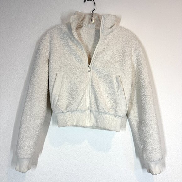 Alo Yoga Teddy Sherpa Crop Zip Jacket Bomber Ivory Winter White XS - Picture 3 of 13